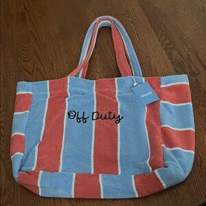 NWT Weezie “Off Duty” Blue & Coral Stripe Tote Bag